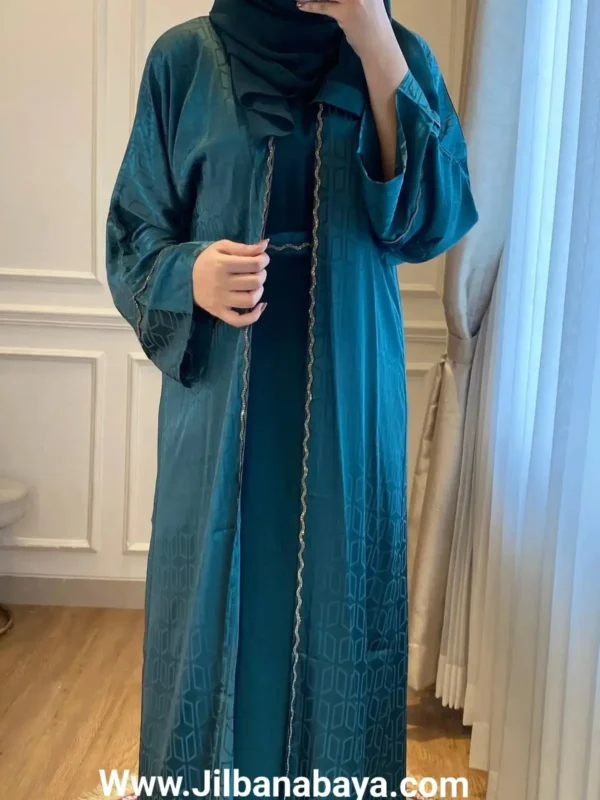 Elegant Teal Textured Open Abaya with Gold Trim