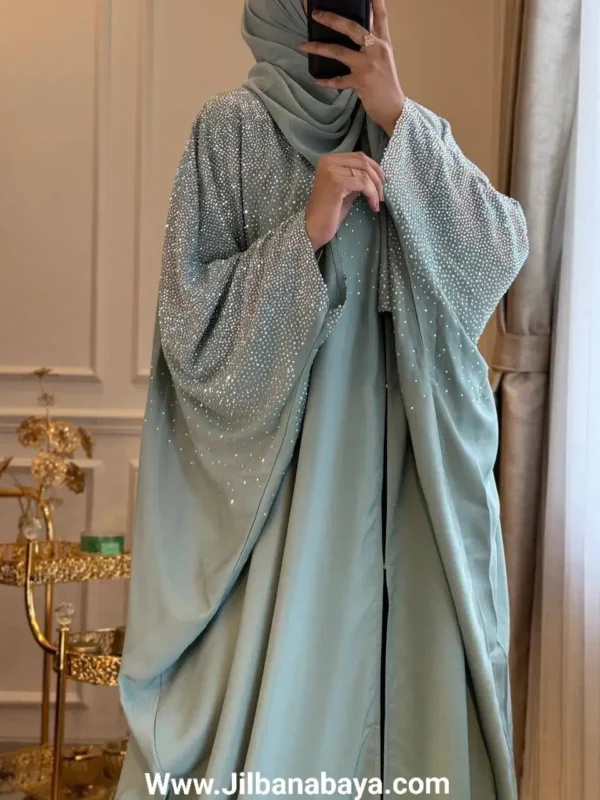 Luxury Crystal Embellished Butterfly Abaya - Sage Green